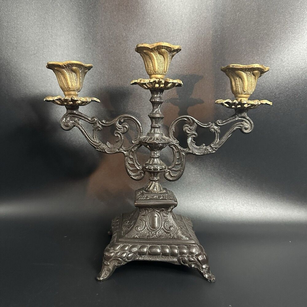 Vintage French Spelter 3 Arm Ornate Candelabra Gilt Brass Holder 8”